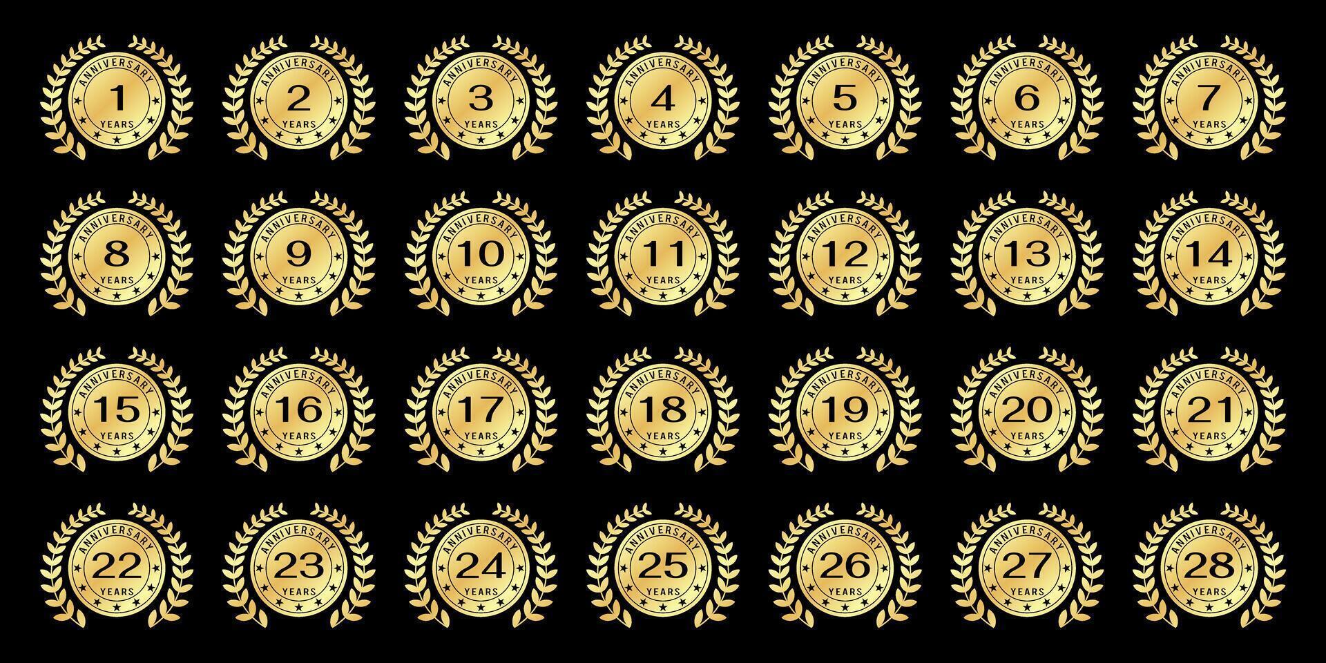 collection of logos for the 1st to 27th anniversaries with the concept of round leaves and gold circles on a black background vector