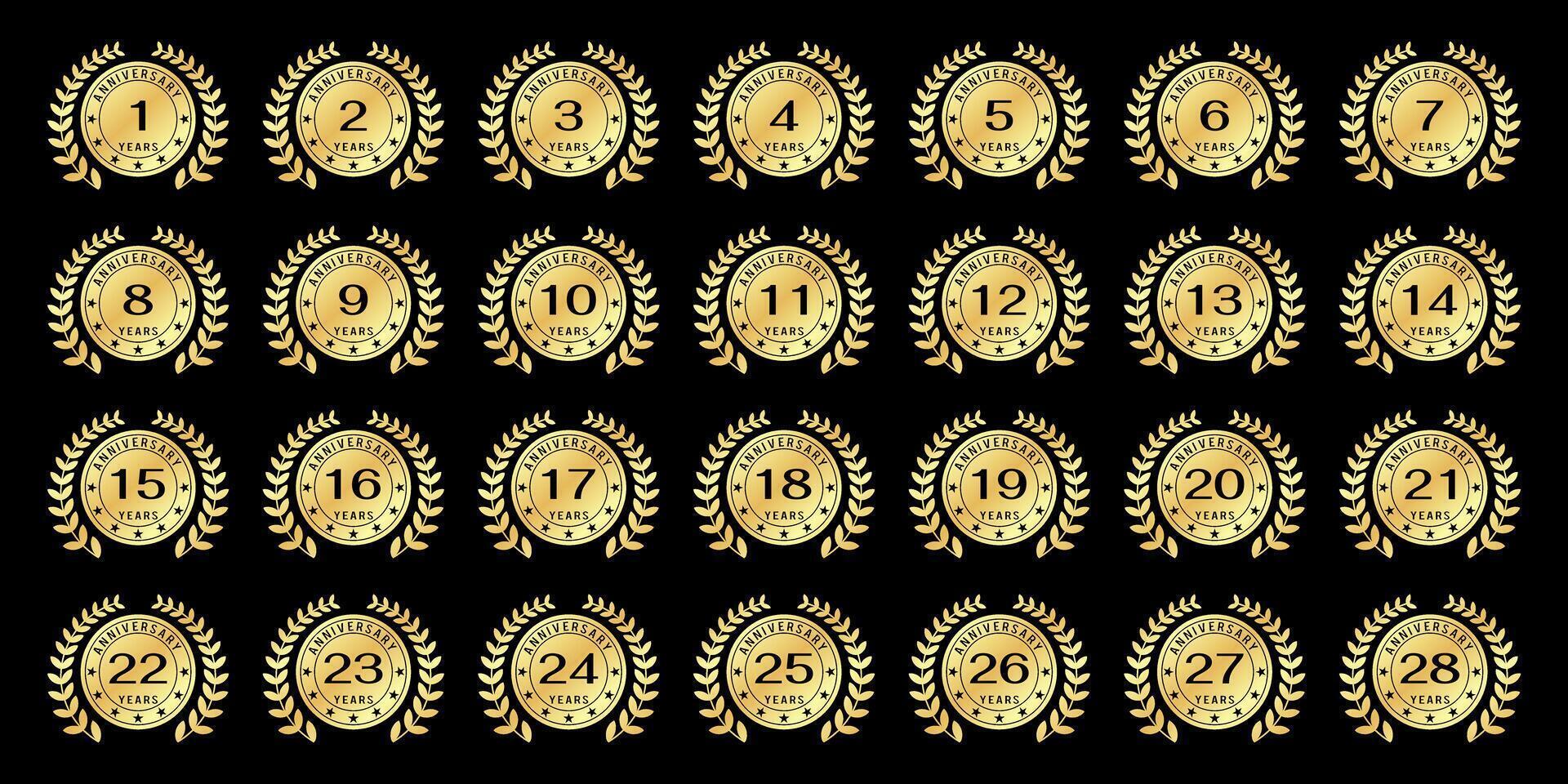 collection of logos for the 1st to 27th anniversaries with the concept of round leaves and gold circles on a black background vector