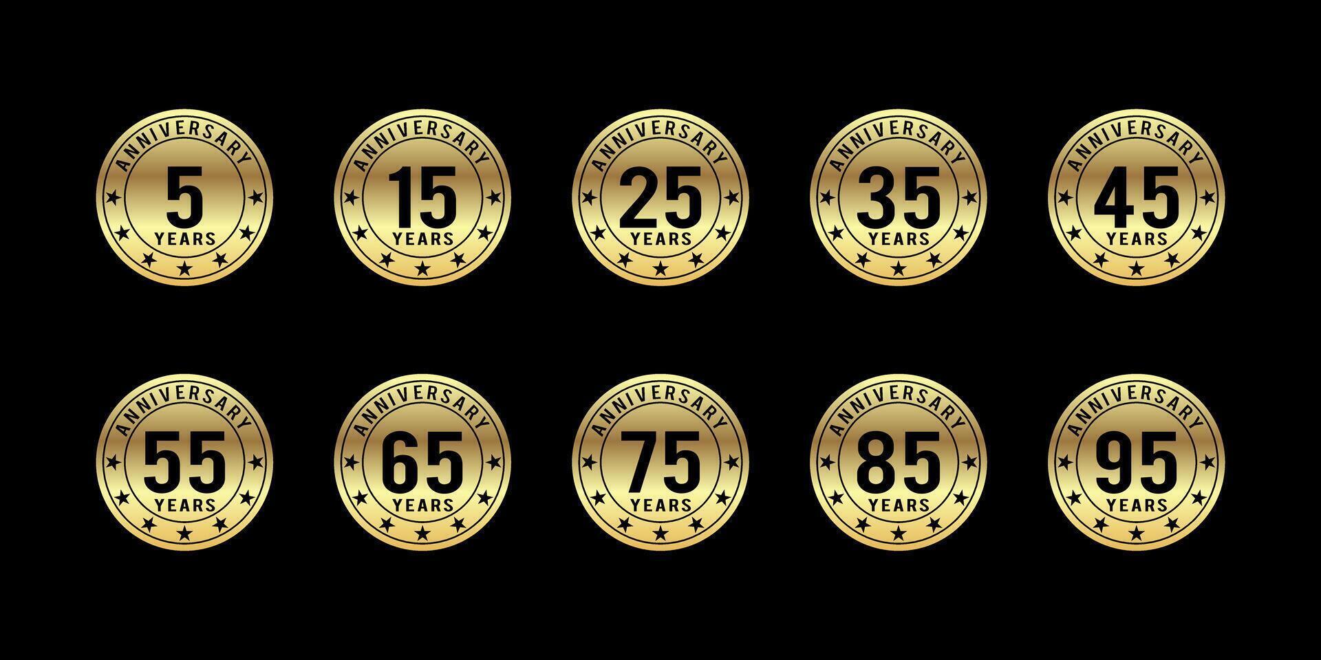 collection of 15th, 25th, 35th, 45th, 55th, 65th, 75th, 85th, 95th anniversary logos gold circle badges on black background vector