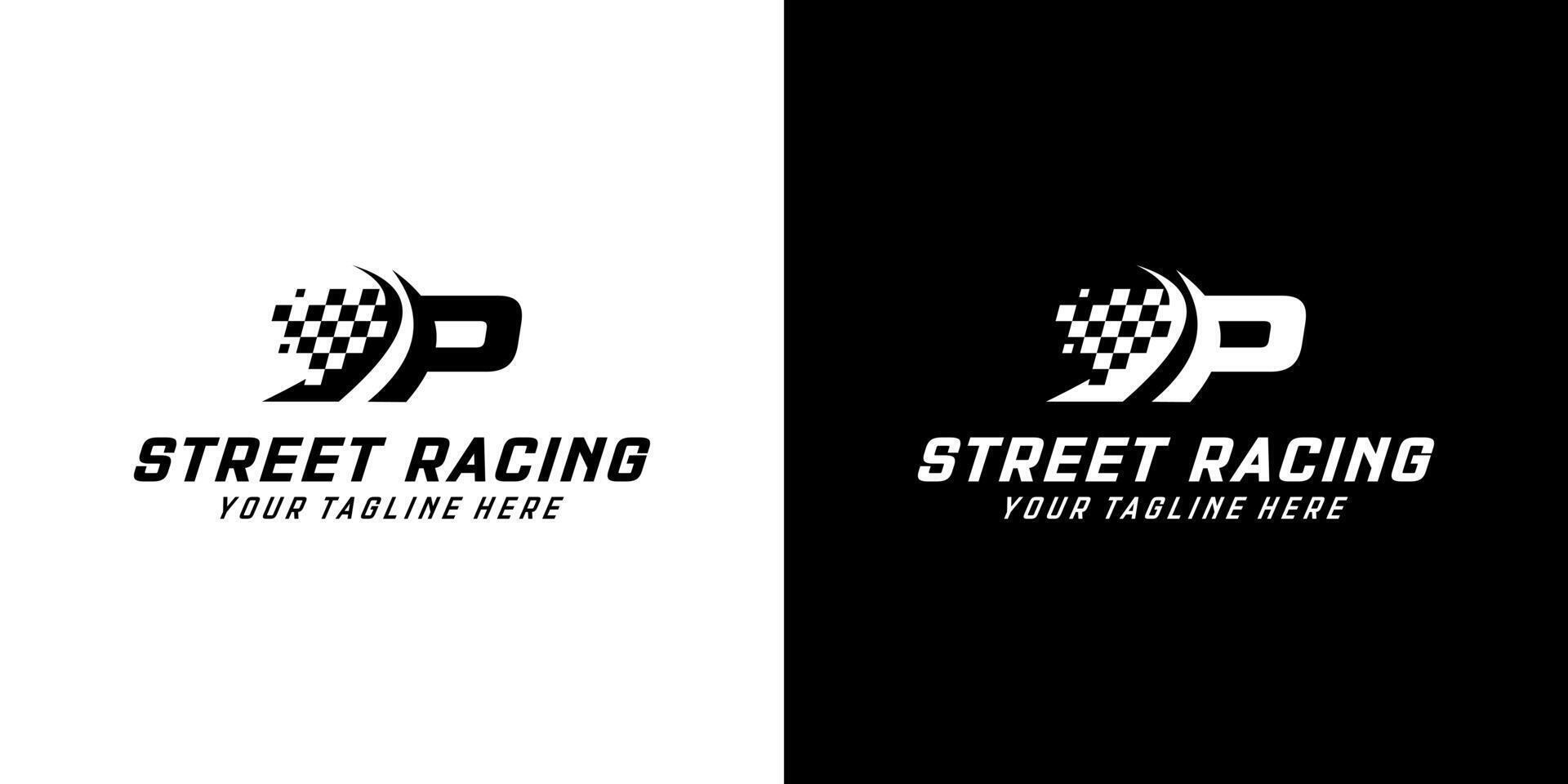 Letter P with Racing flag icon on black and white background, racing,automotive,road logo vector