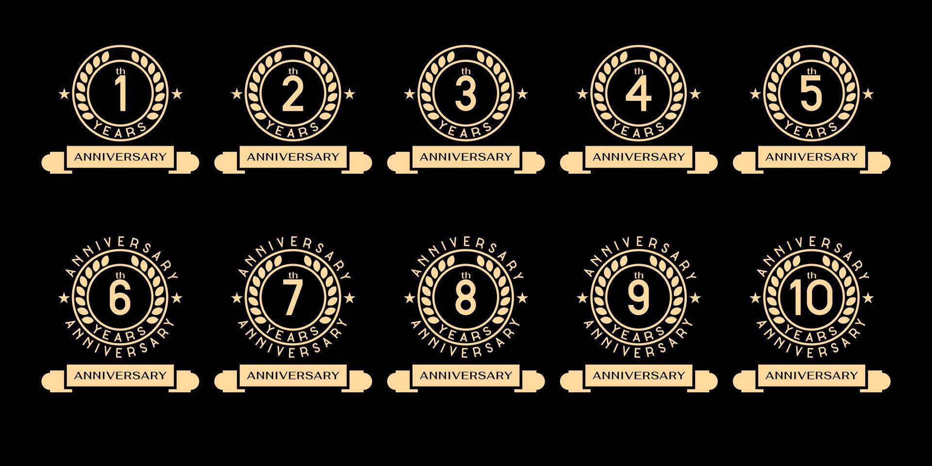 set of 1-10th anniversary celebration symbols. anniversary logo with gold circle and ribbon vector