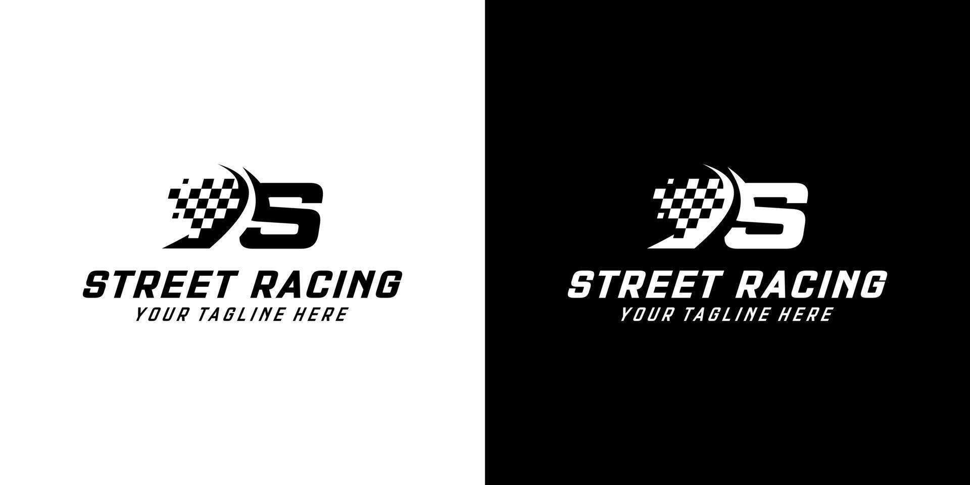 Letter S with Racing flag icon on black and white background, racing,automotive,road logo vector