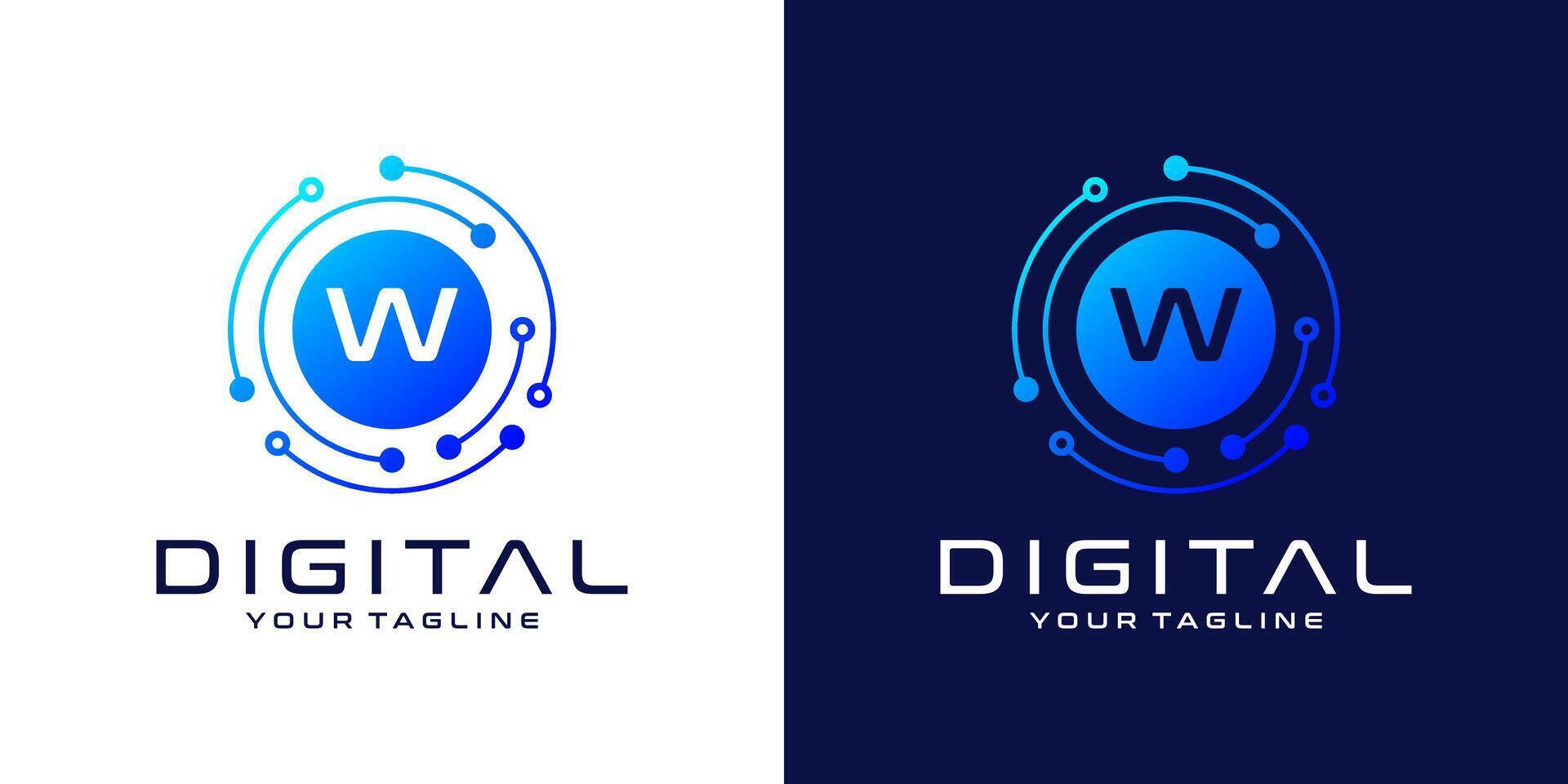 letra w logo diseño plantilla, resumen punto conexión tecnología, digital, datos y circulo circuito tecnología vector