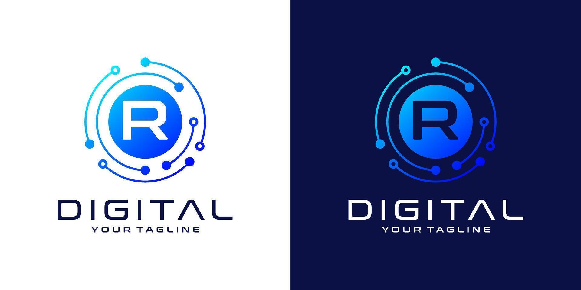 Letter R logo design template, Abstract point connection technology, digital, data and circle circuit technology vector