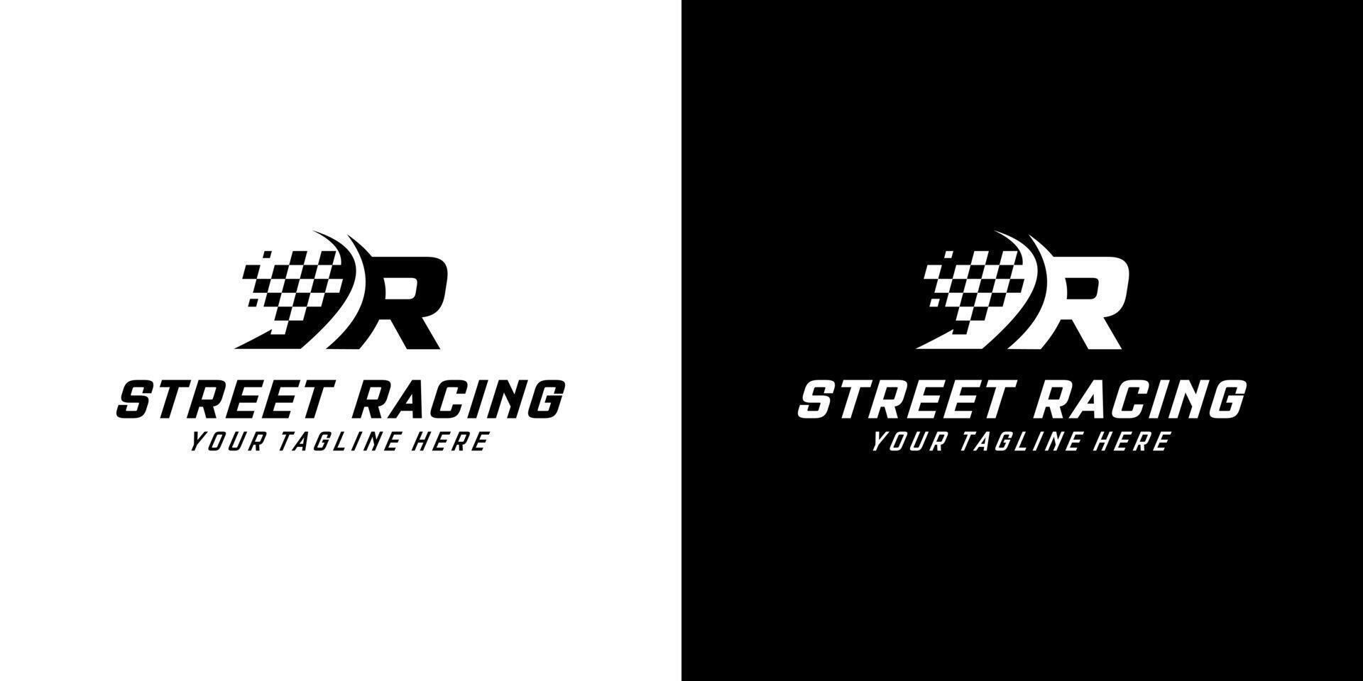 Letter R with Racing flag icon on black and white background, racing,automotive,road logo vector