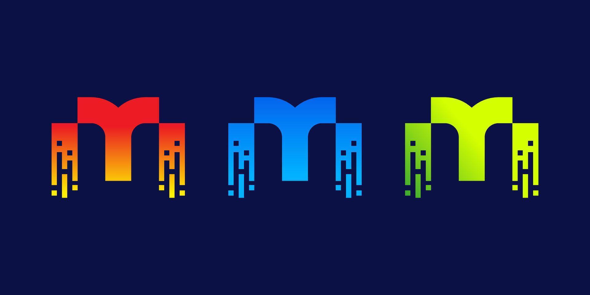letter M technology logo design for business, digital, technology, media, data vector
