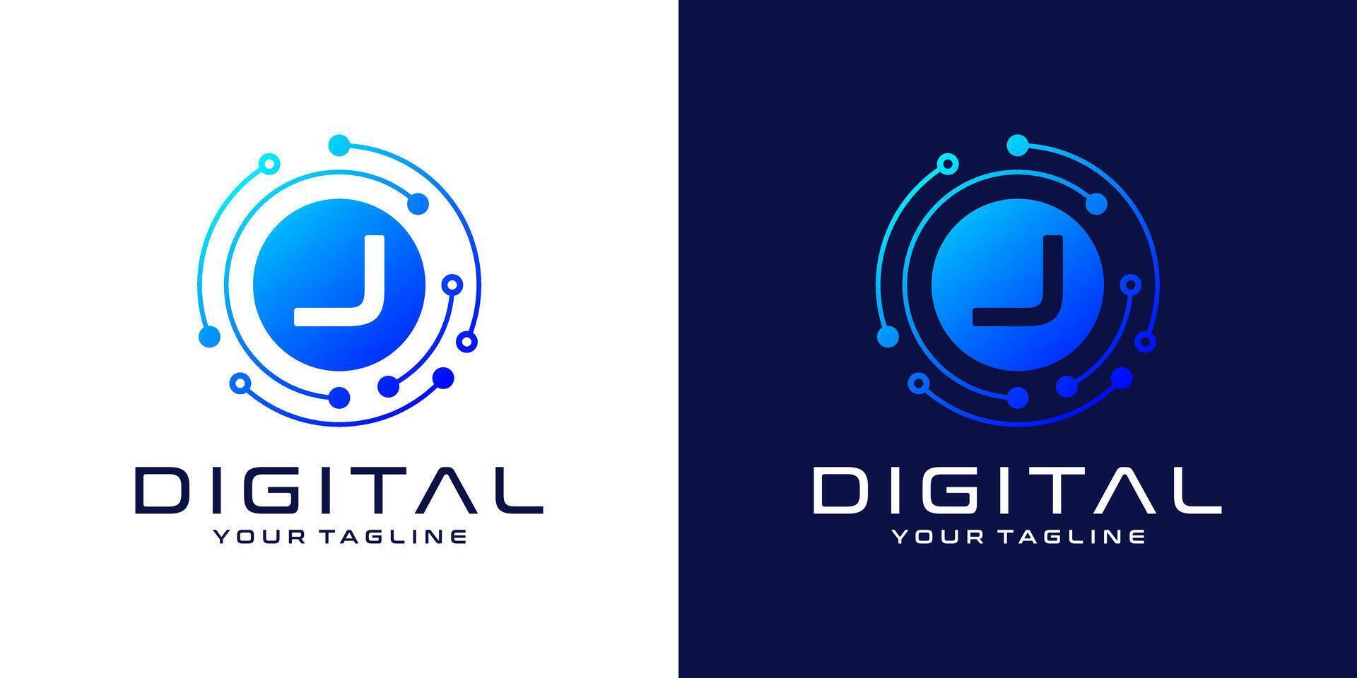Letter J  logo design template, Abstract point connection technology, digital, data and circle circuit technology vector