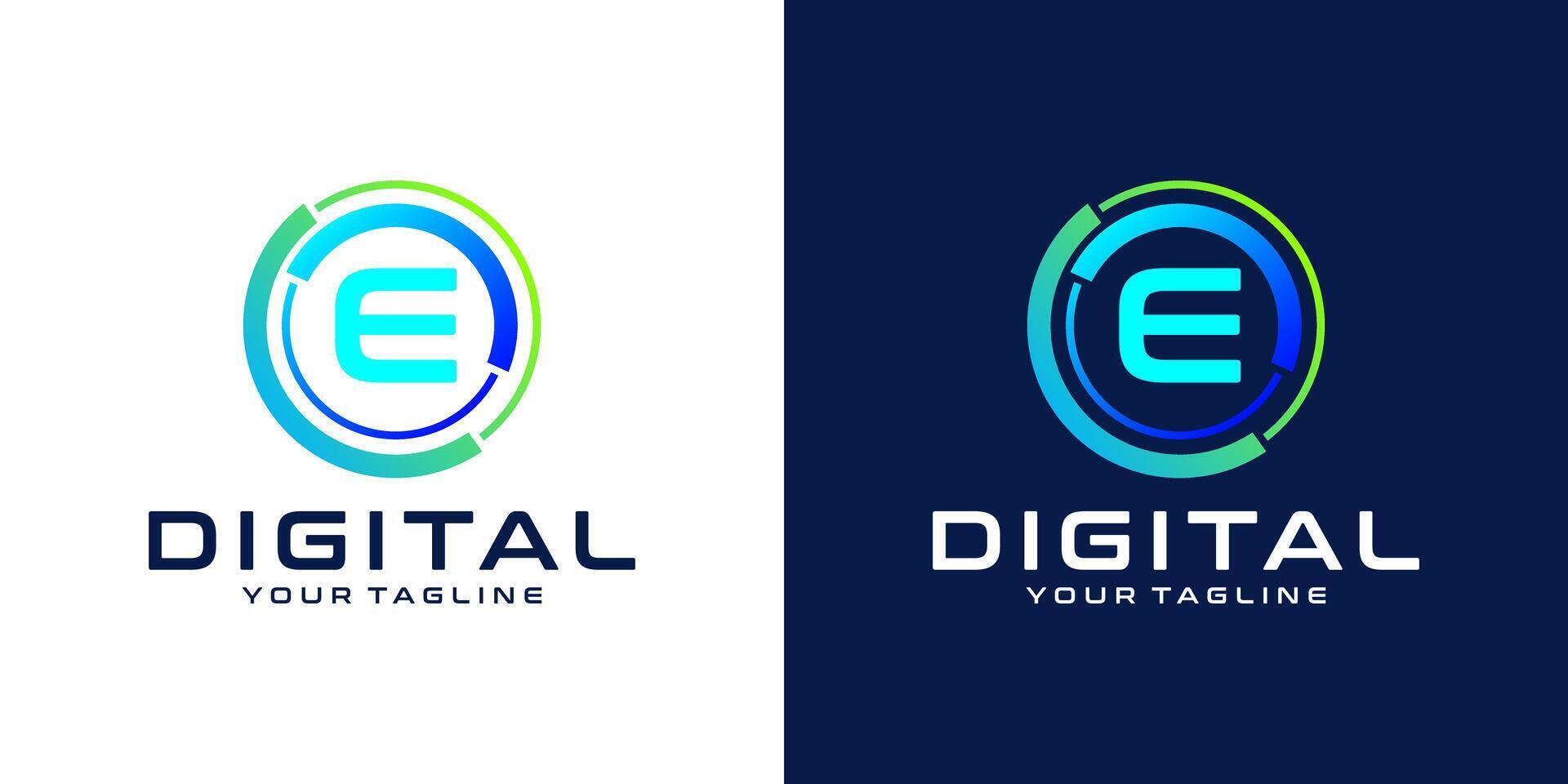 letter  E logo design template technology, modern circle logo digital, technology, connection, data, media, circle line vector