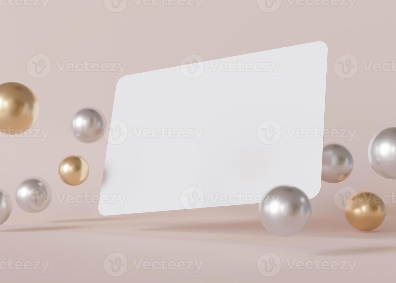 Chic white business card mockup surrounded by floating metallic spheres on a delicate beige background, ideal for trendy and artistic brand display. European size, 3,25 x 2,17 inch. Visiting card. 3D. photo