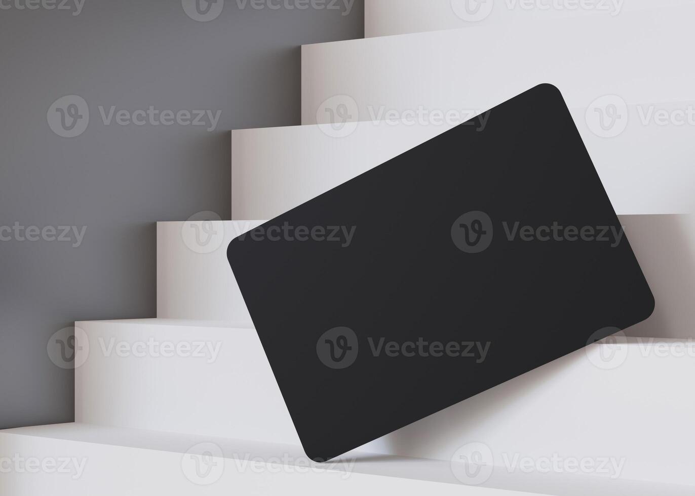 Stylish black business card mockup on a cascading white staircase, perfect for a bold and modern branding presentation. European size, 3,25 x 2,17 inch. Visiting, name card. Rounded corners. 3D. photo