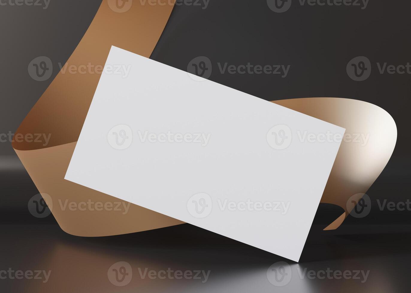 Elegant business card mockup with a reflective surface and dynamic golden curve in the background, ideal for presenting professional branding. American size, 3,5 x 2 inch. Visiting, name card. 3D. photo