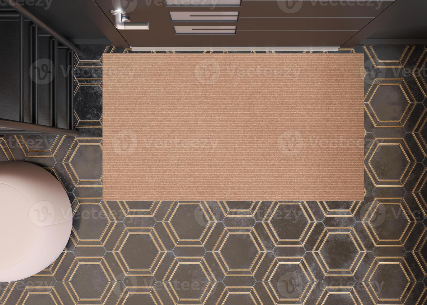 Blank brown door mat on elegant tiles floor, perfect for showcasing custom prints or company logos, suitable for design previews. Welcome mat with copy space. Doormat mock up. Carpet at entrance. 3D. photo