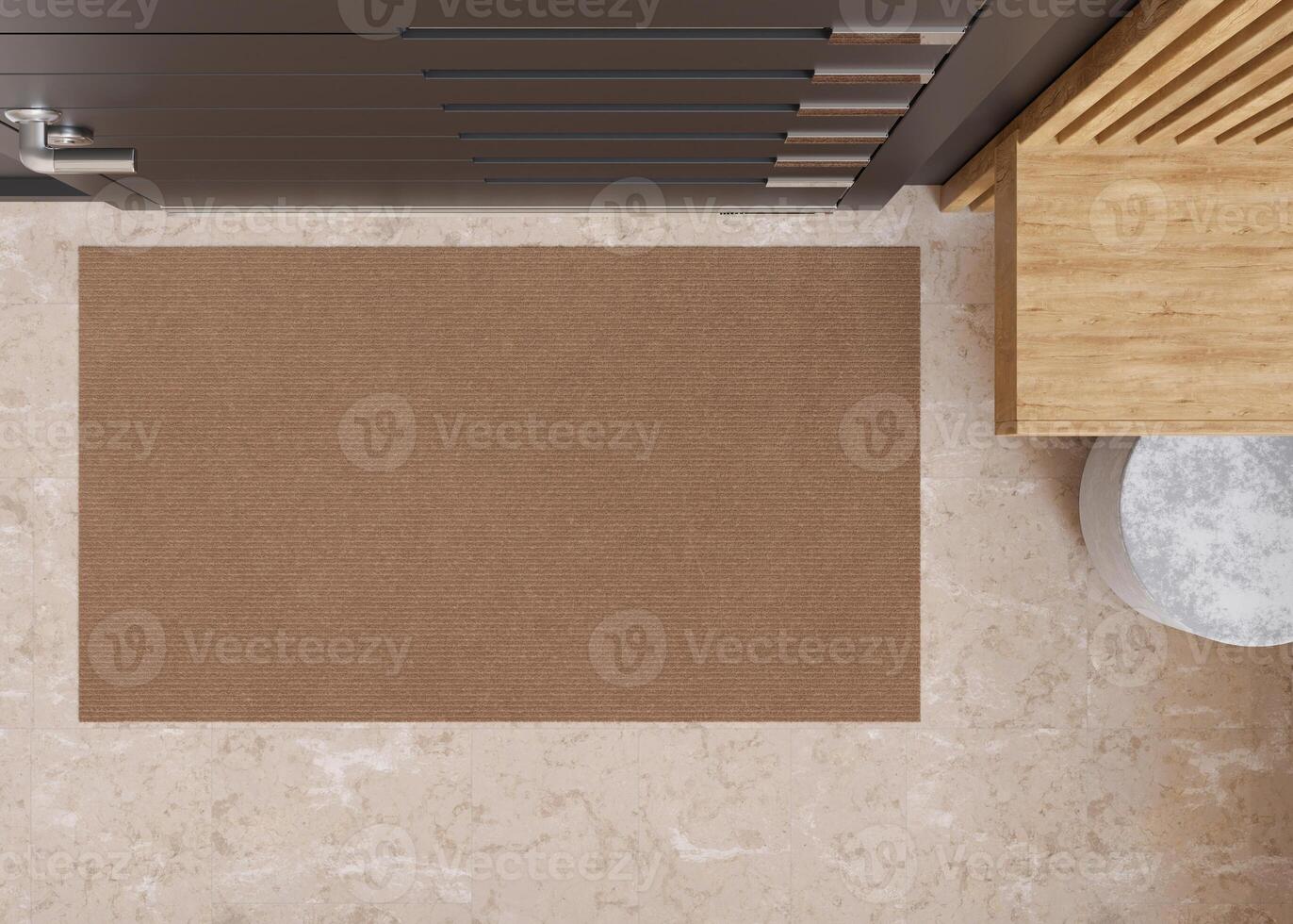 Blank brown door mat on marble tiles floor, perfect for showcasing custom prints or company logos, suitable for design previews. Welcome mat with copy space. Doormat mock up. Carpet at entrance. 3D. photo