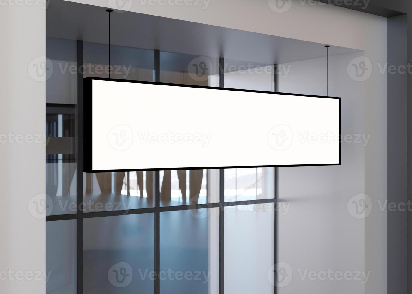 Blank signboard, billboard mock up, on the facade. Copy space for store sign, logo, advertising. Modern empty outdoor signage, mockup to add company logo. Shop Signboard. Illuminated lightbox. 3D. photo
