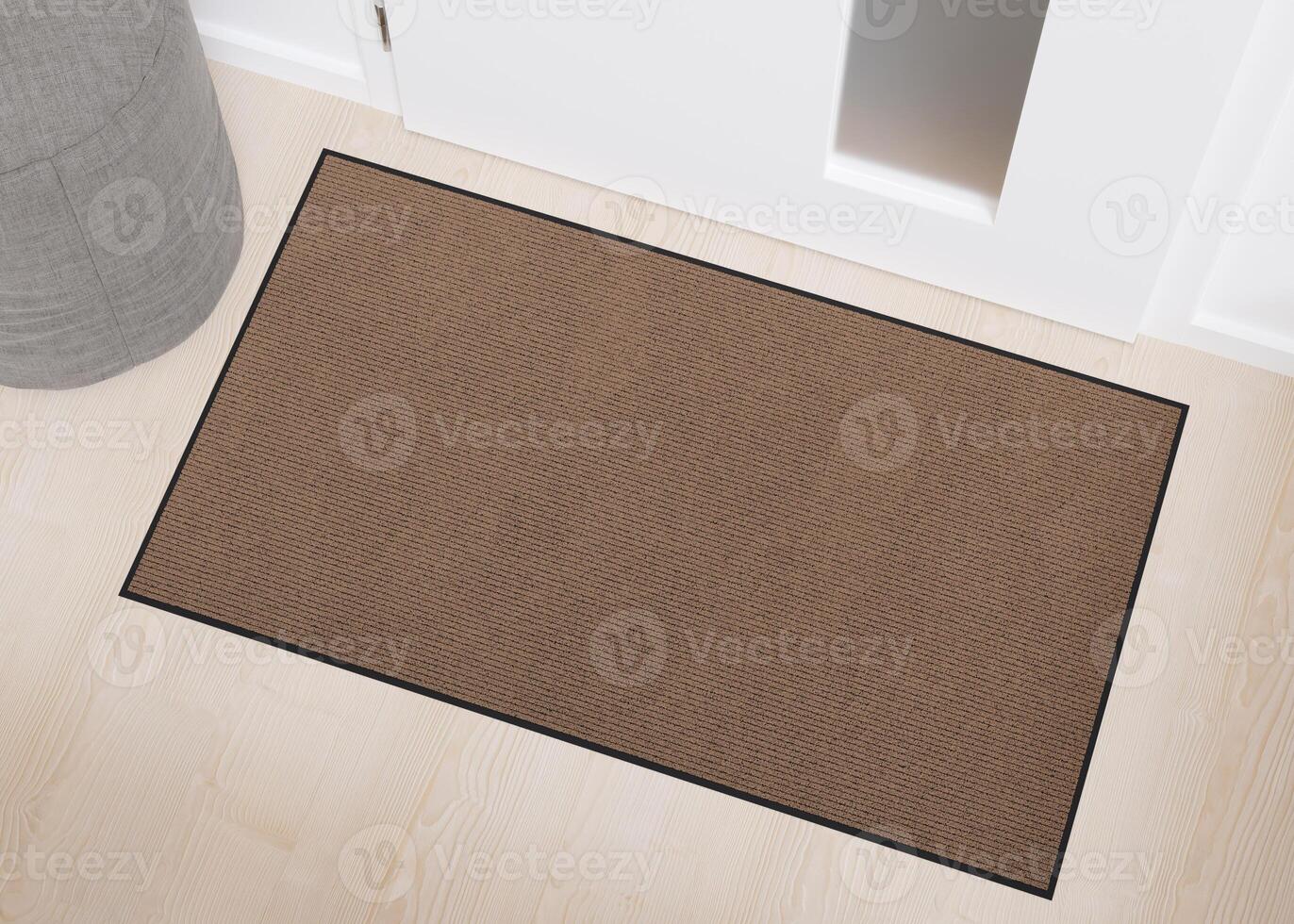 Blank brown door mat on wooden floor, perfect for showcasing custom designs or logos in an urban home setting. Welcome mat with copy space. Doormat mock up. Carpet at entrance. 3D. photo