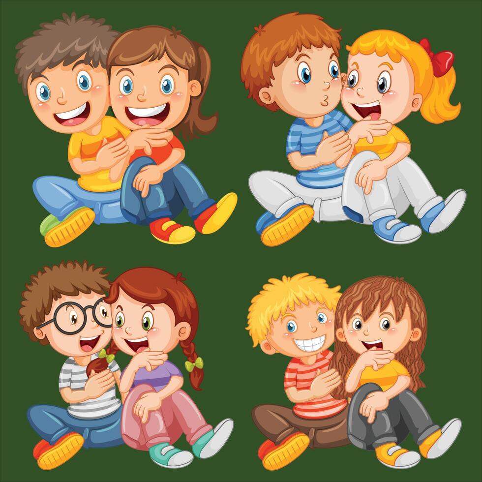 illustration of kids hugging and kissing on green background vector