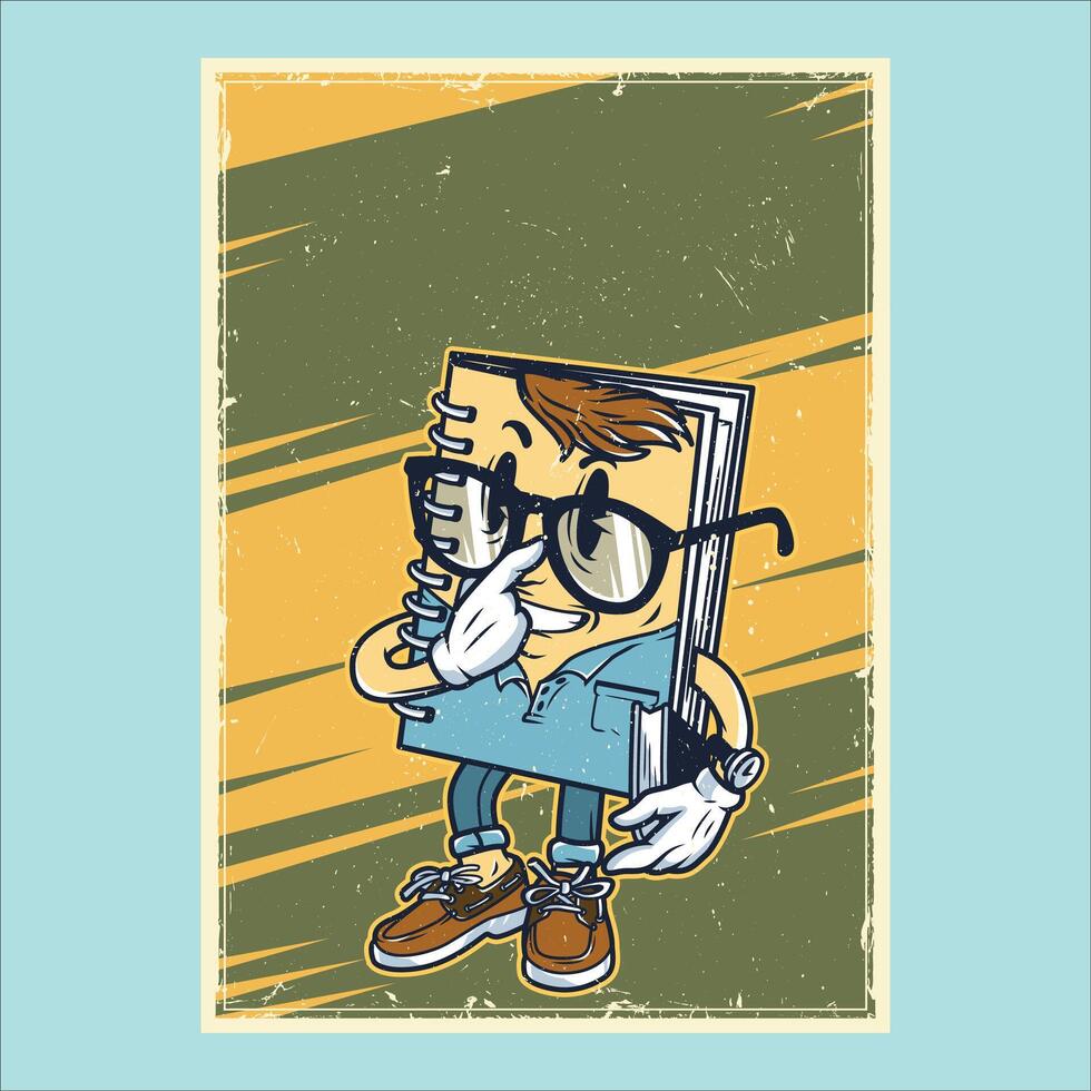 retro book illustration with a cartoon character holding a book vector