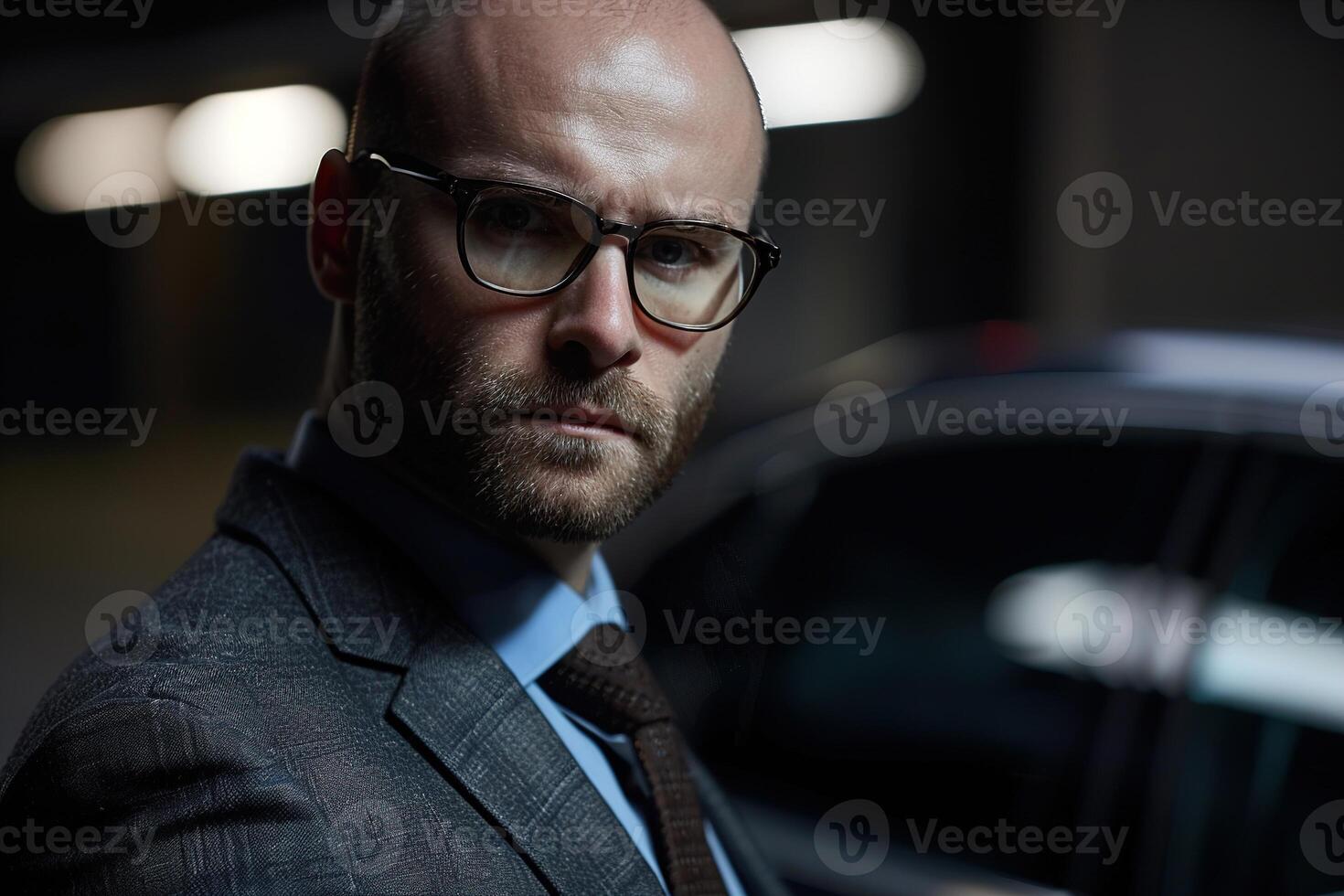 AI generated Focused businessman in a parking garage, his sharp gaze and formal attire perfect for themes of strategy, determination, and corporate lifestyle in advertisements or editorials. photo