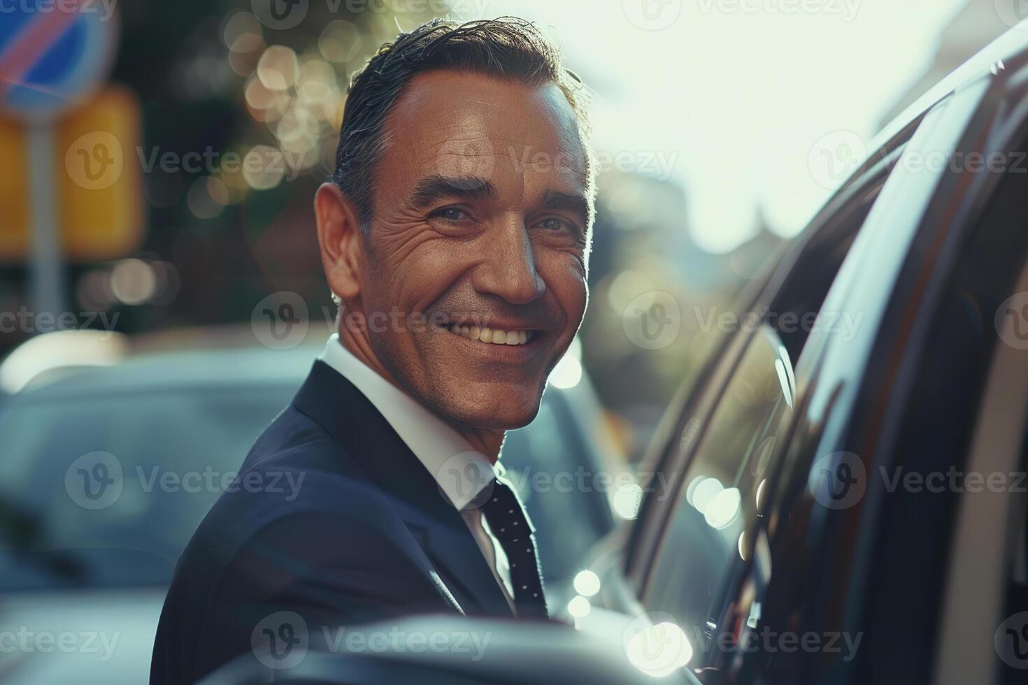 AI generated Friendly, smiling, mature businessman by car, perfect for ads, articles on success or finance, lifestyle, embodying experience, reliability, and approachability. Generative AI. photo