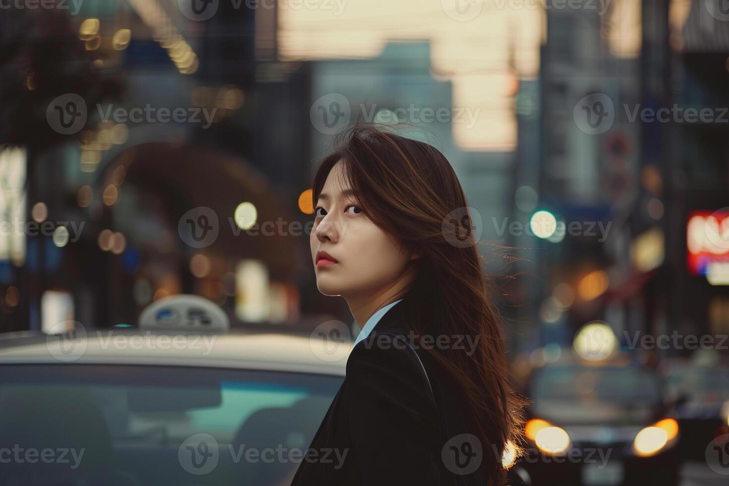 AI generated A contemplative young businesswoman in the bustling city at dusk, capturing the essence of modern life and determination. Generative AI. photo