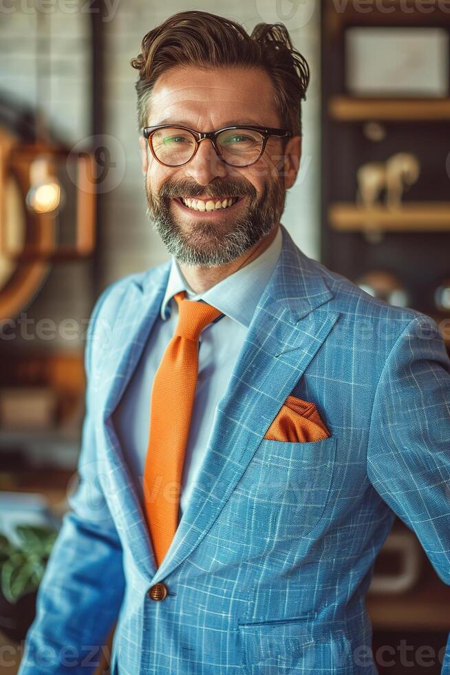 AI generated Joyful executive in bright, stylish attire stands out in the office, perfect for creative, branding, or diversity in the workplace themes. Smiling chef, businessman. Vertical picture. photo