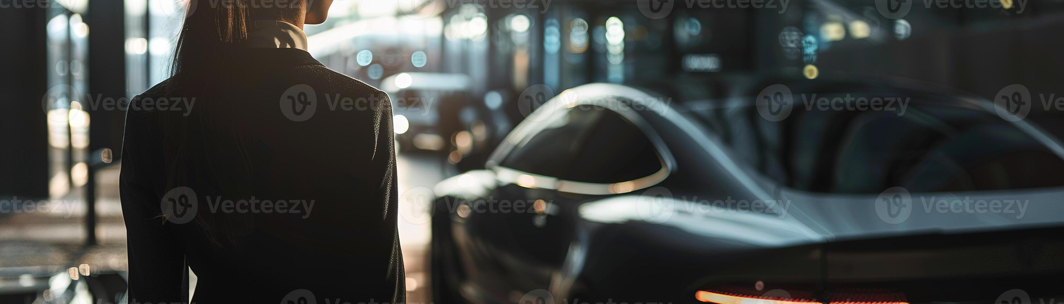 ai generado silueta mujer de negocios en paisaje urbano, contemplando con lujo auto, ideal para temas de éxito, contemplación, y moderno ciudad vida. generativo ai. foto