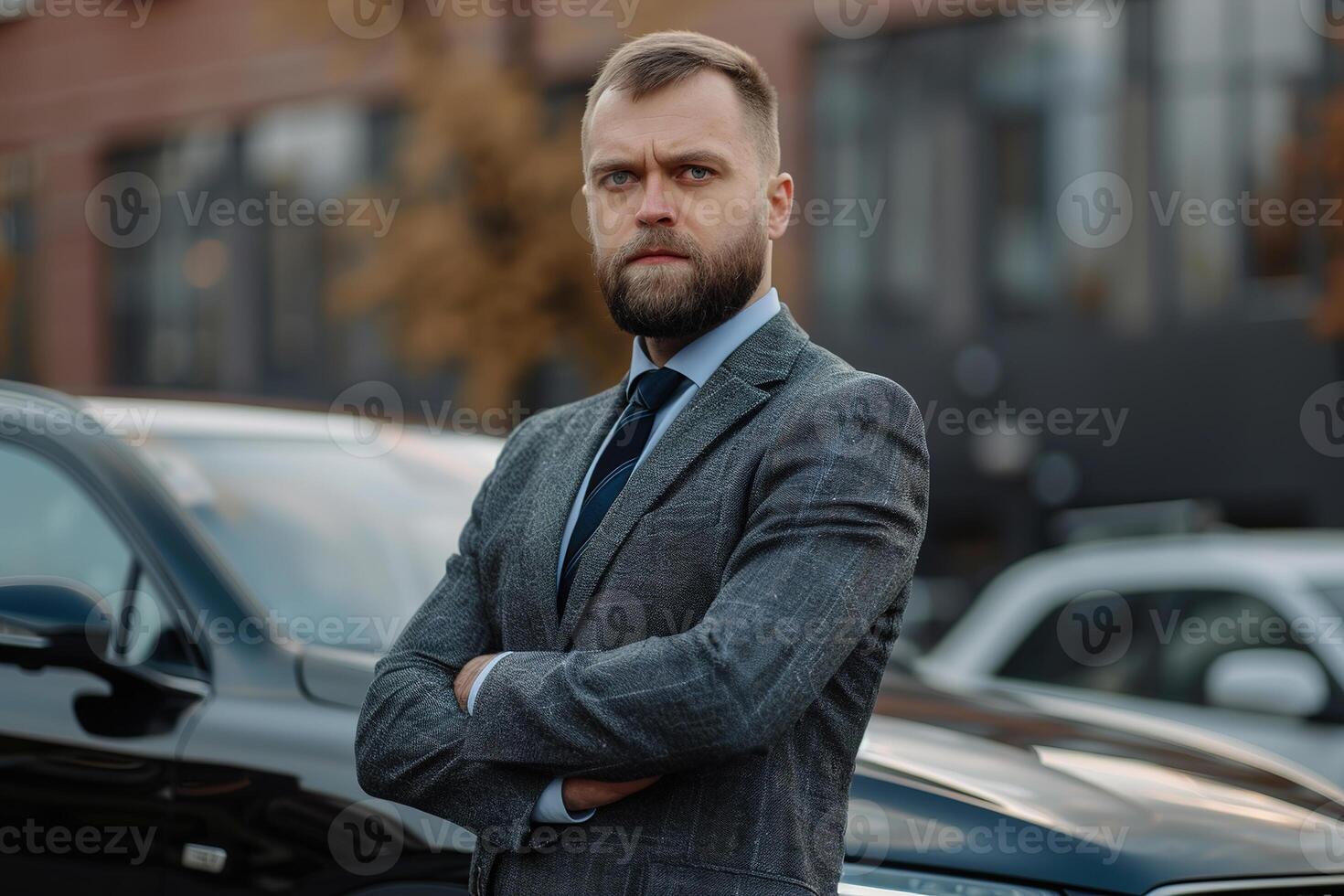 AI generated A determined businessman by his car in the city, an embodiment of professionalism, ambition, and the modern corporate world, ideal for lifestyle and success-related content. photo