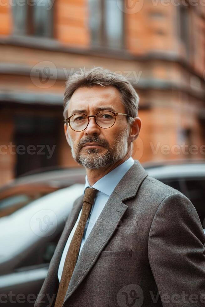 AI generated Stylish businessman by his car, a portrayal of determination and experience, suitable for themes like corporate decisions, life choices, or leadership. Vertical picture. Generative AI. photo