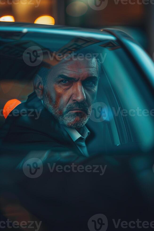 AI generated Intense portrait of a businessman in a car, showcasing a powerful expression, ideal for storytelling in cinema, advertising, or themes of business, strategy, and determination. photo