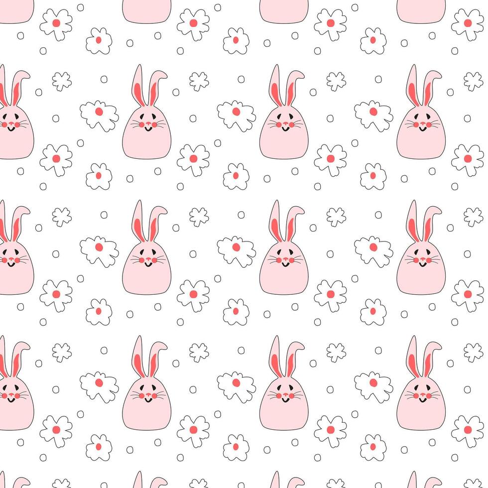 Seamless pattern with pink bunnies with flowers. Easter bunnies for printing on childrens products, fabric and wallpaper on a white background. flat vector illustration.
