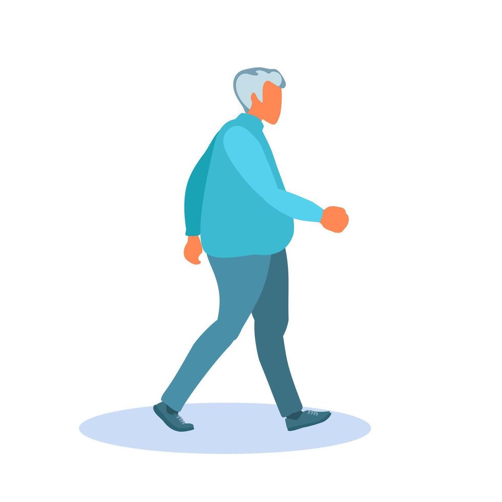 An elderly man walks with long strides. A plump guy with gray hair in blue clothes. Active business man character. Vector