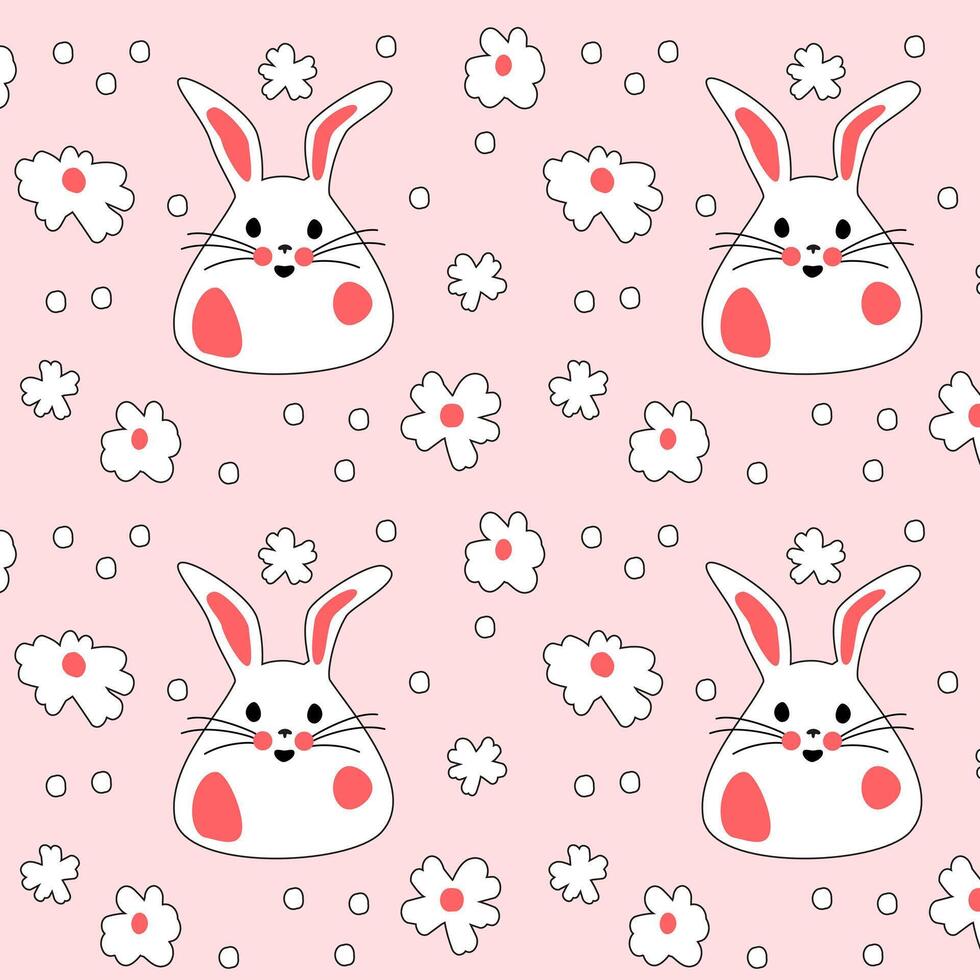 Seamless pattern with cute white rabbits with flowers. Easter bunnies for printing on childrens products, fabric and wallpaper on a pink background. Cartoon vector illustration.