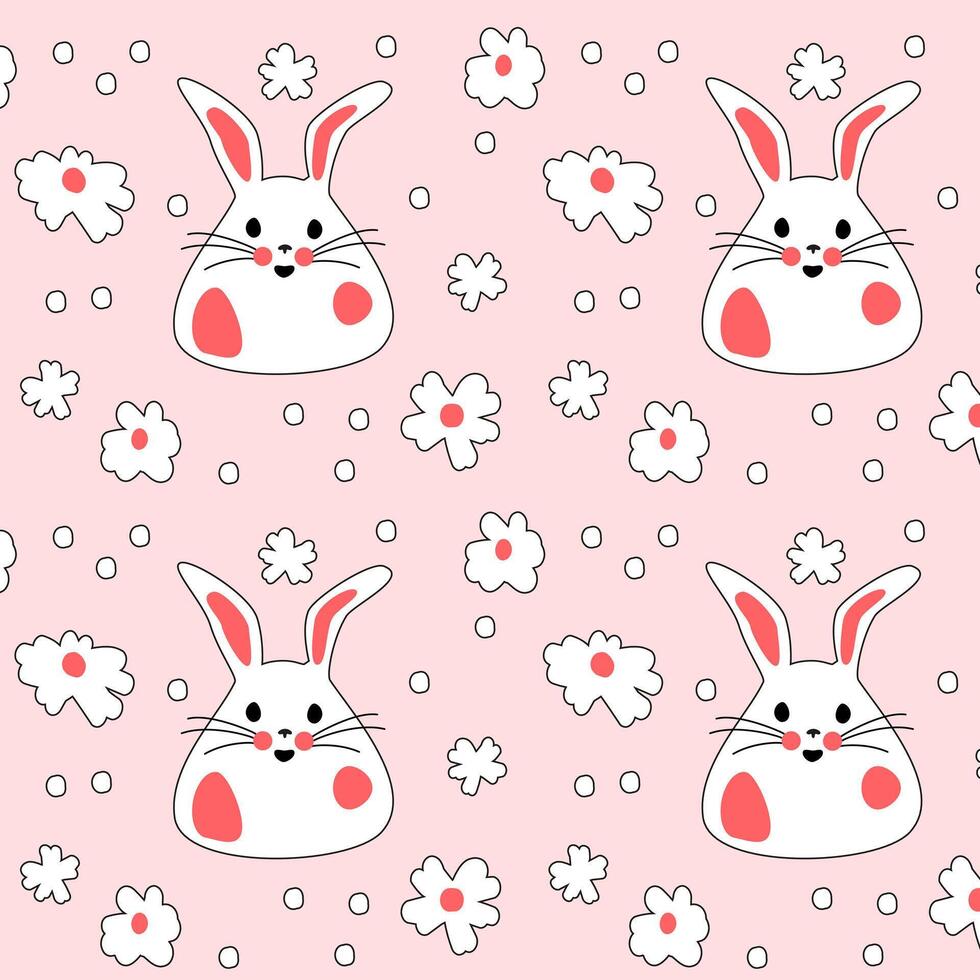 Seamless pattern with cute white rabbits with flowers. Easter bunnies for printing on childrens products, fabric and wallpaper on a pink background. Cartoon vector illustration.