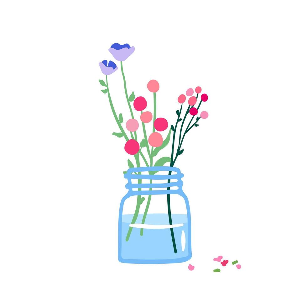 Wildlowers in glass vase. Spring floral plant, field bloom, cut meadow stems in jug. Delicate fragile summer flowers, simple wild herbs isolated on white background. vector illustration