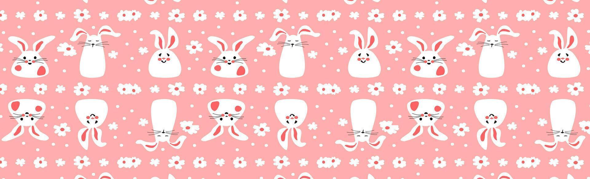 Seamless pattern with cute white rabbits with flowers. Easter bunnies for printing on childrens products, fabric and wallpaper on a pink background. Cartoon vector illustration.