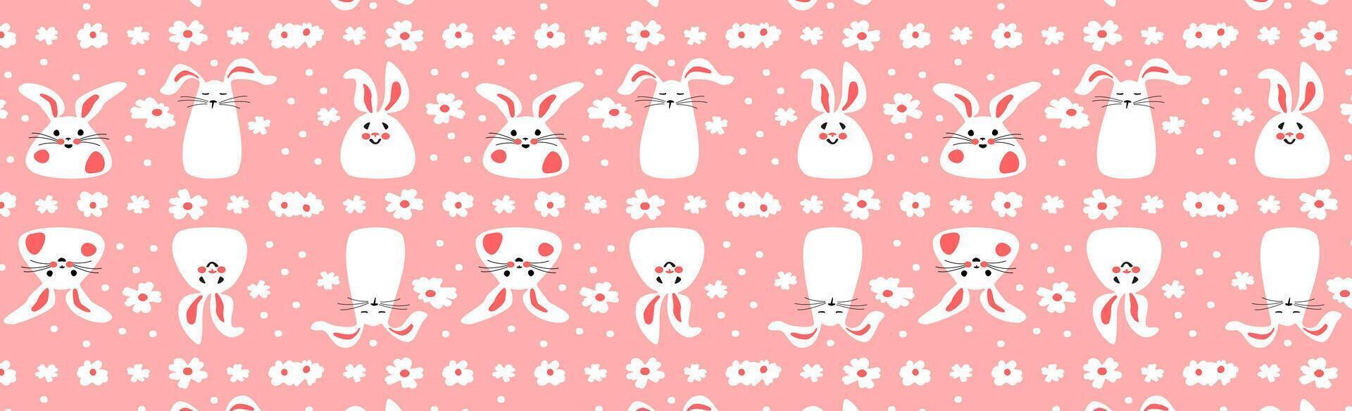 Seamless pattern with cute white rabbits with flowers. Easter bunnies for printing on childrens products, fabric and wallpaper on a pink background. Cartoon vector illustration.