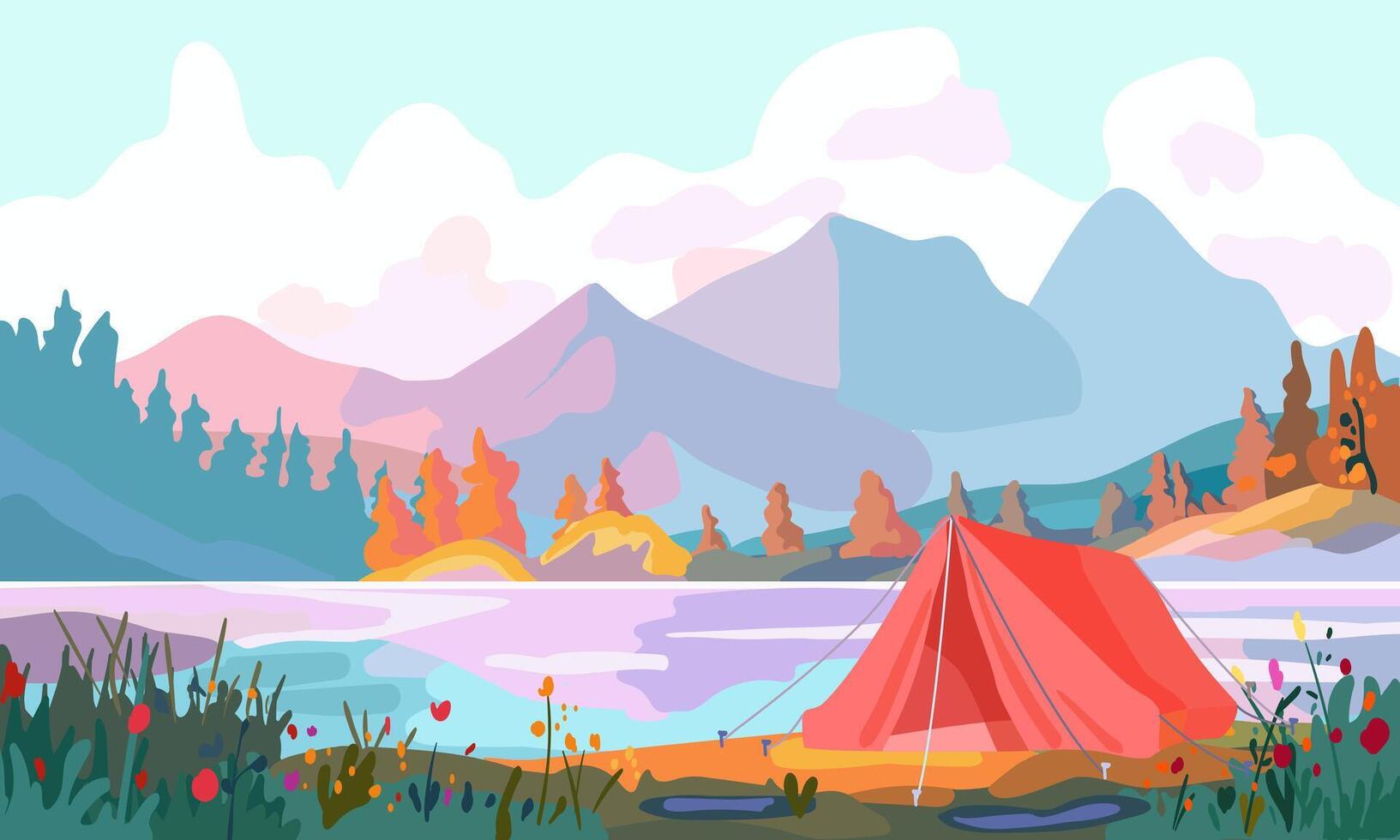 Landscape with a mountain lake. River bank. Red tent at the campsite. Lifestyle. Banner and tourism advertising. vector