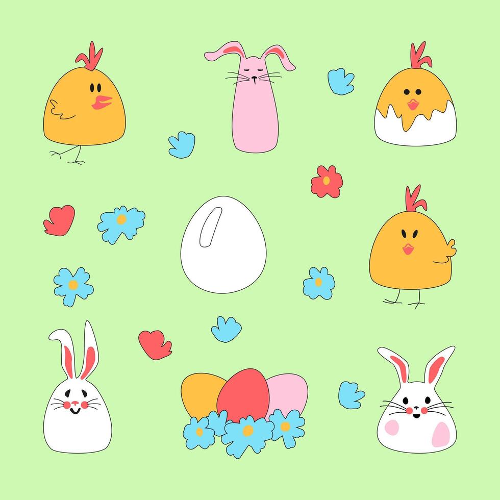Set of Easter characters. Cute Easter bunny with chicken and egg for printing on childrens products, stickers and books. Vector illustration.