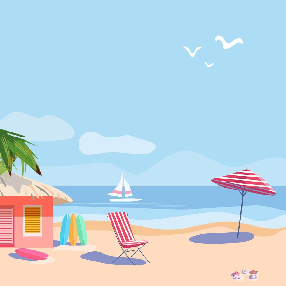 Summer poster with bungalow and palm tree on the seashore. Surfboards, sun lounger and beach umbrella. Shells on the sand. Template for poster, web page, text or banner. Flat vector