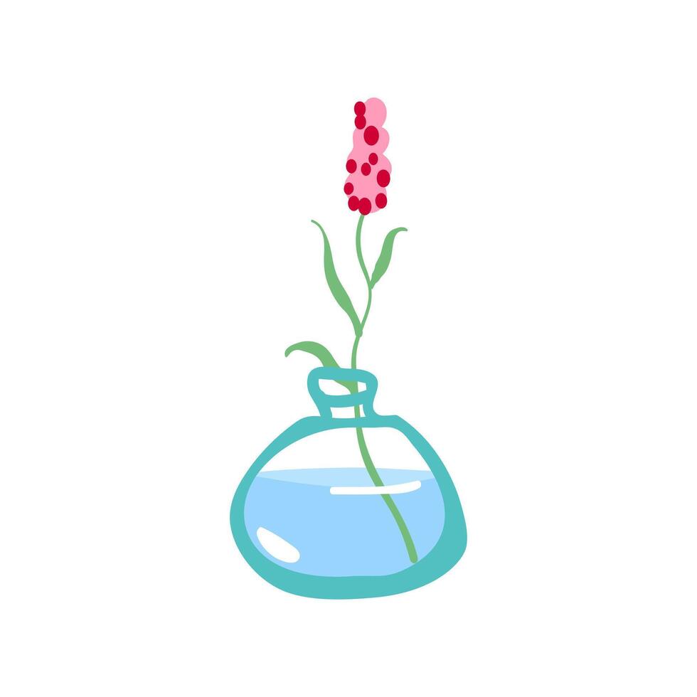 Fresh flower in glass vase. Fragile delicate stems in water. Cut floral plant. Gentle spring blooms, blossomed summer wildflower bouquet isolated vector illustration