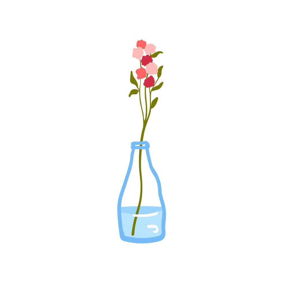 Fresh flower in glass vase. Fragile delicate stems in water. Cut floral plant. Gentle spring blooms, blossomed summer wildflower bouquet isolated vector illustration