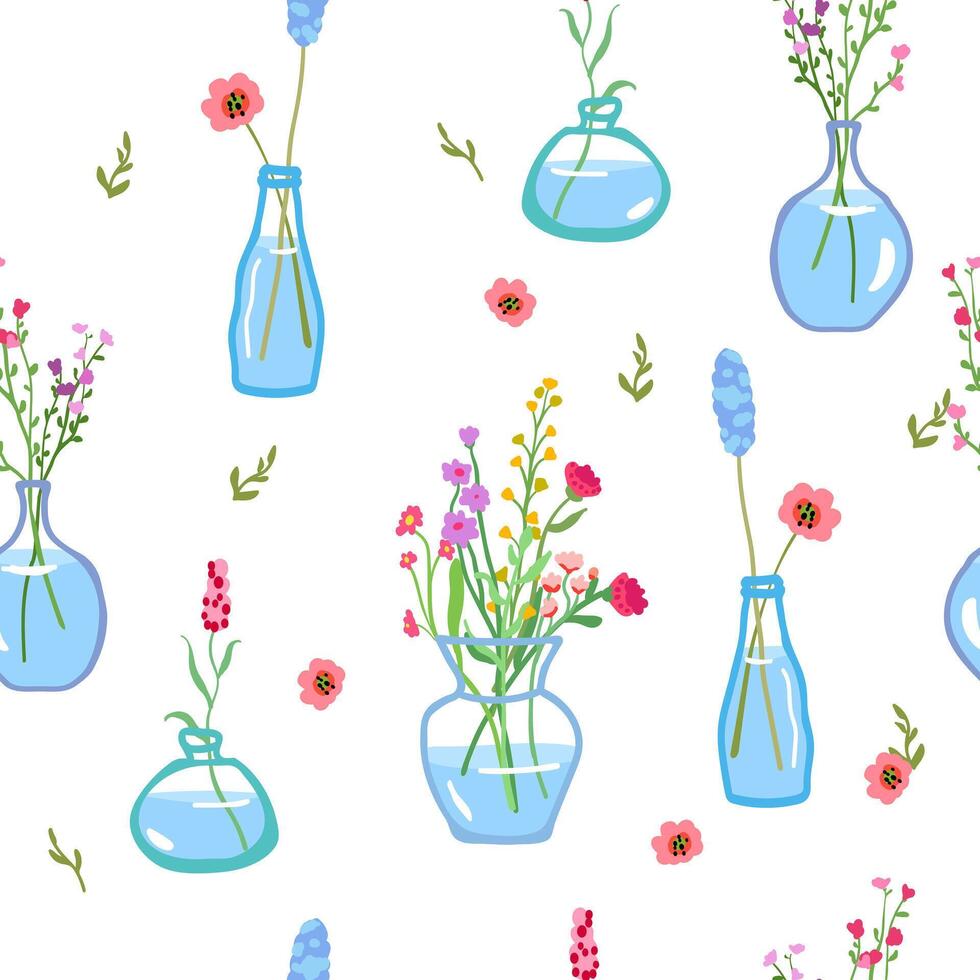 Spring flowers in glass vases, seamless pattern. Fragile floral stems and branches, repeating print. Summer blooming plants. vector