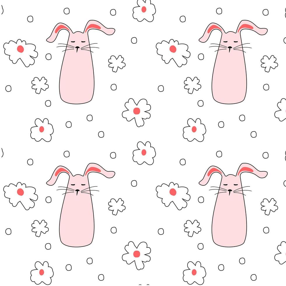 Seamless pattern with pink bunnies with flowers. Easter bunnies for printing on childrens products, fabric and wallpaper on a white background. flat vector illustration.