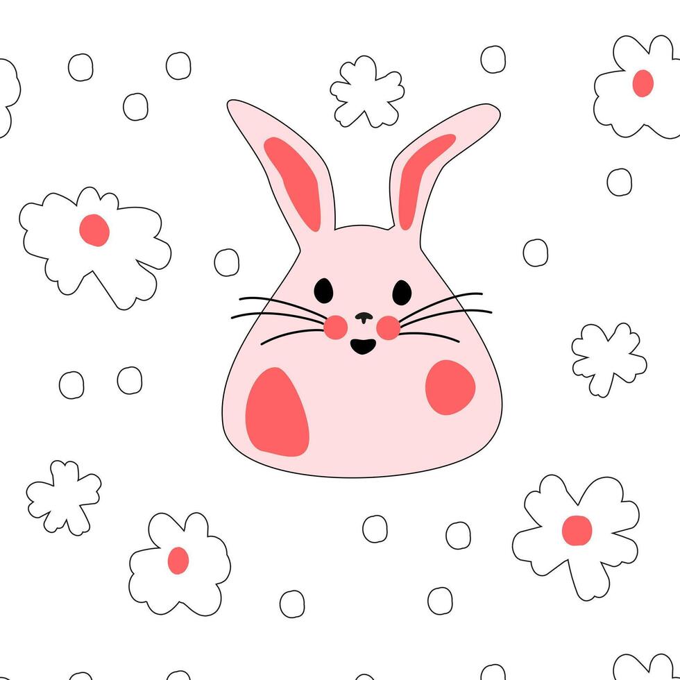 Seamless pattern with pink bunnies with flowers. Easter bunnies for printing on childrens products, fabric and wallpaper on a white background. flat vector illustration.
