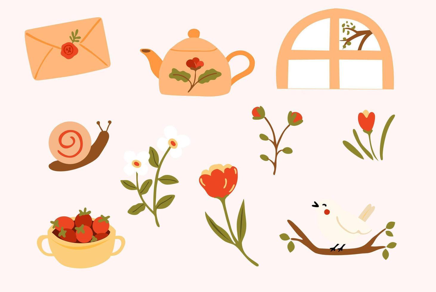 pring set, flowers, teapot, wreaths, and other. Perfect for web, card, poster, cover, tag, invitation, sticker kit. vector