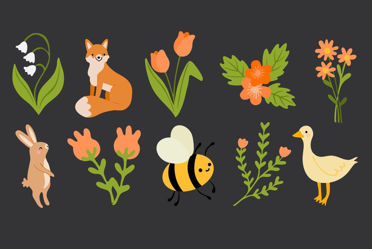 Spring set, flowers, bee, fox and other. Perfect for web, card, poster, cover, tag, invitation, sticker kit. vector