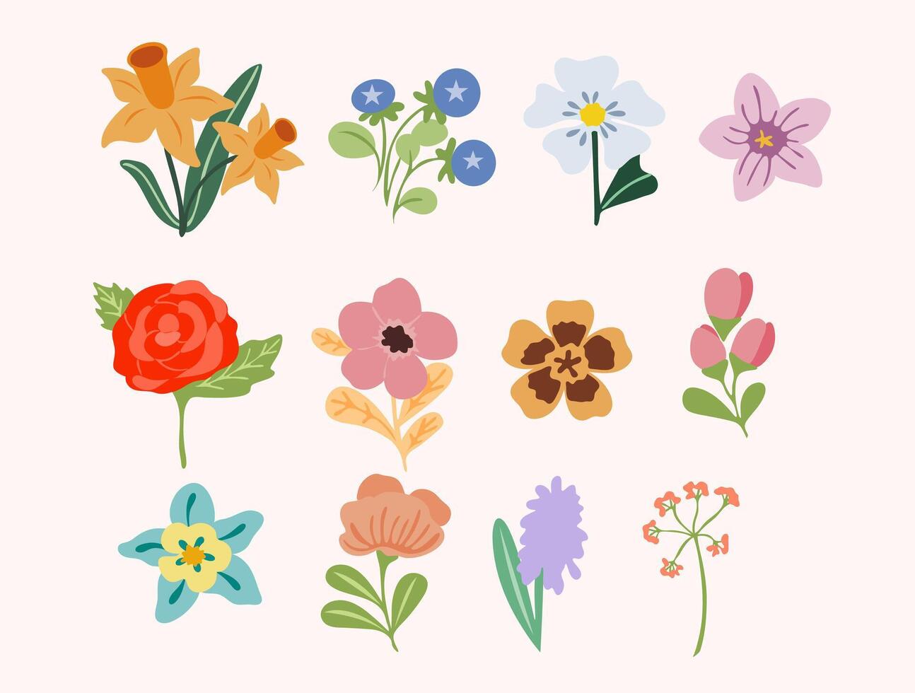 Spring set flowers,. Perfect for web, card, poster, cover, tag, invitation, sticker kit. vector