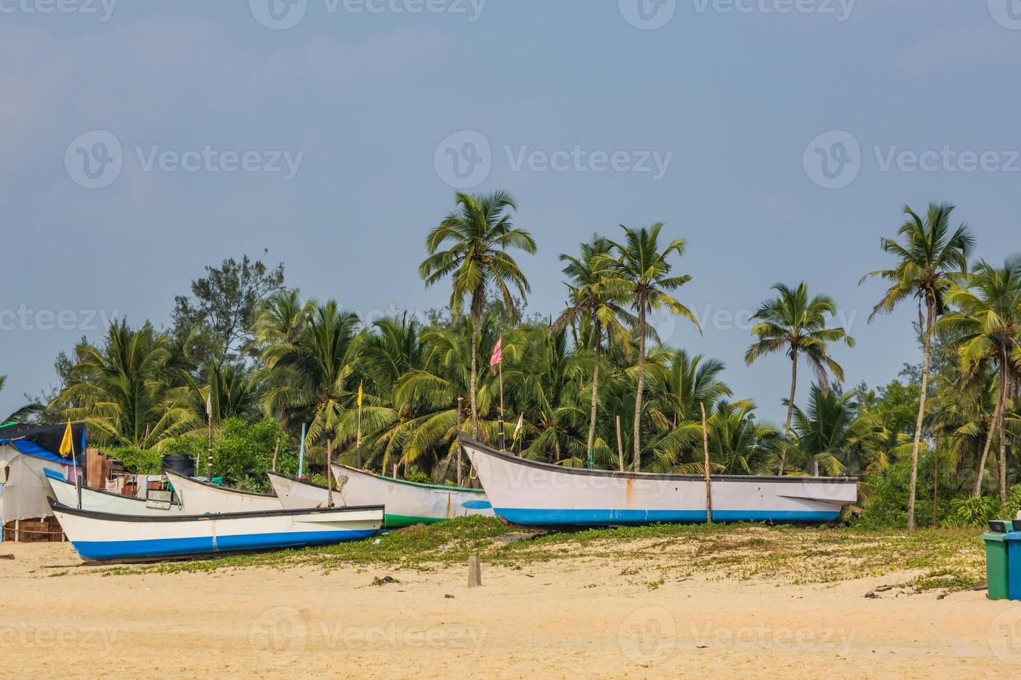 antiguo pescar barcos en arena en Oceano en India en azul cielo antecedentes foto