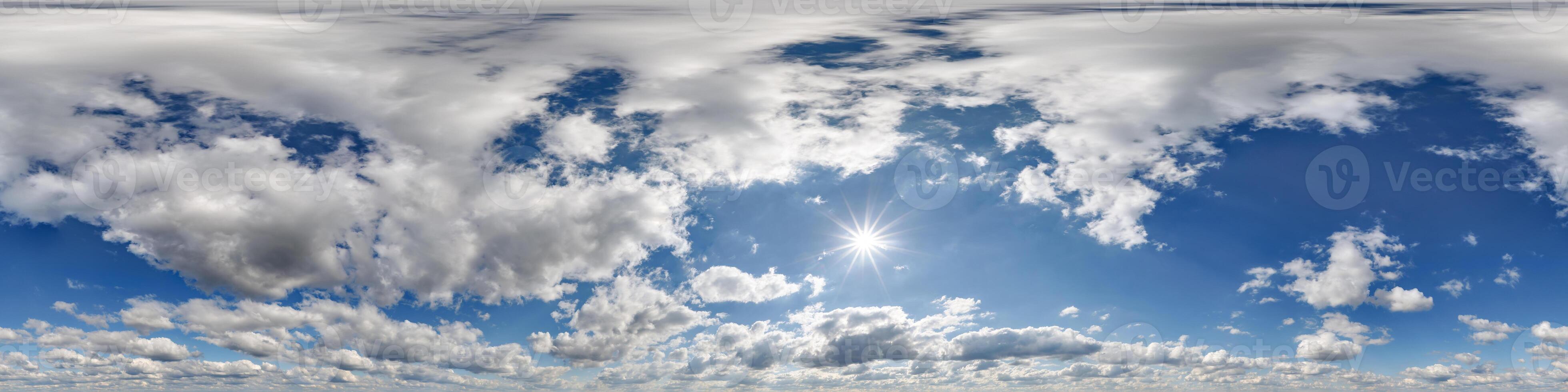 blue sky hdri 360 panorama view  with clouds in equirectangular projection with zenith for use in 3d graphics as skydome replacement or edit drone shot photo