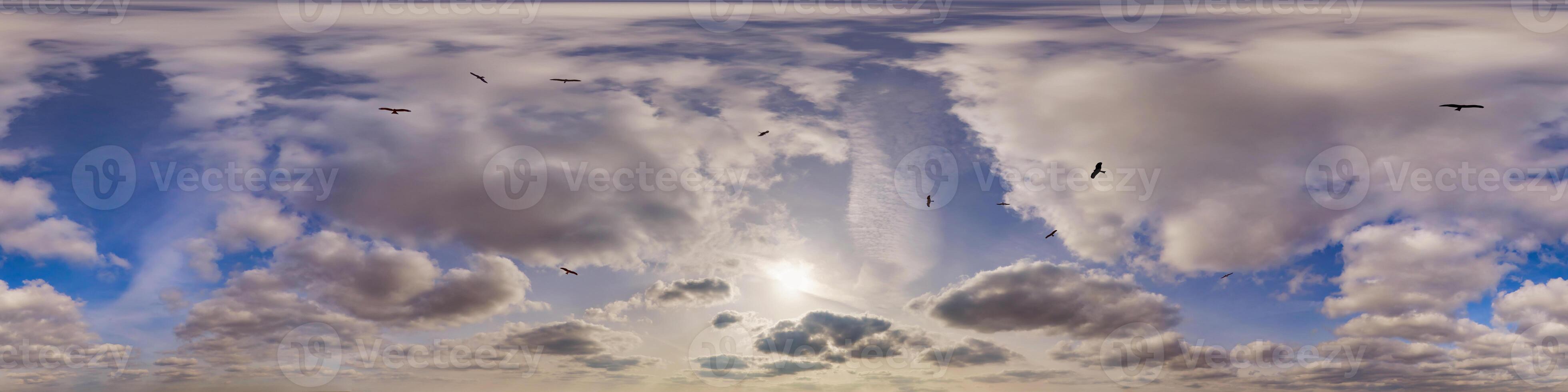 360 hdri panorama en equirrectangular formato de azul bóveda celeste y calina nubes con rebaño de aves para utilizar en 3d gráficos o juego desarrollo como bóveda celeste o editar zumbido Disparo o cielo reemplazo foto